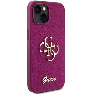 Guess Glitter Script Big 4G dėklas iPhone 15 - violetinis