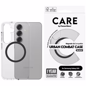 CARE by PanzerGlass Flagship Urban Combat juodas QI dėklas Samsung Galaxy S25 - permatomas