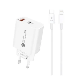 A6MaxL 20W USB-A USB-C sieninis įkroviklis su 1m USB-C - Lightning kabeliu – baltas