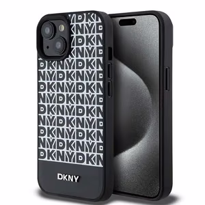 DKNY Odinis spausdintas raštas metalinis logotipas Magnetinis dėklas iPhone 15 / 14 / 13 - juoda