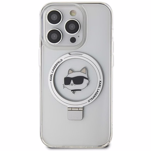 Karl Lagerfeld KLHMP15LHMRSCHH iPhone 15 Pro 6.1" baltas/baltas kietas dėklas su žiediniu stovu Choupette Galva Magnetinis