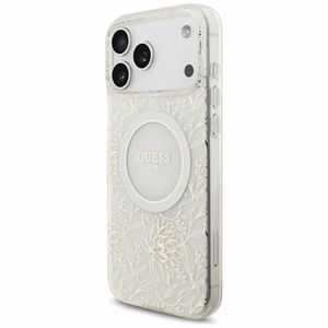 Guess IML MagSafe dėklas su gėlių raštu, metalizuota apdaila ir perlų dirželiu, skirtas iPhone 18 Pro Max / 17 Pro Max, baltas