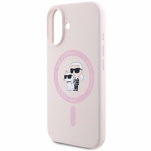 Karl Lagerfeld silikoninis Magnetinis dėklas telefonui iPhone 16 Plus su Karl & Choupette galvų žiedu - rožinė