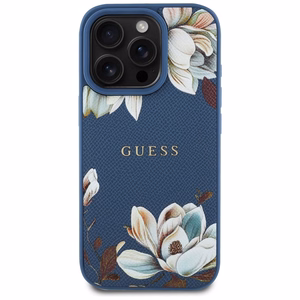 Guess Grained Printed Flower Pattern MagSafe dėklas telefonui iPhone 16 Pro mėlynas