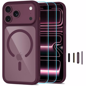 Tech-Protect MagOne CC MagSafe dėklas su 2 grūdintais stiklais, skirtas iPhone 18 Pro / 17 Pro, skaidrus bordo spalvos