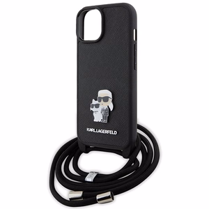 Karl Lagerfeld kryžminis Saffiano metalinis ženkliukas Karl & Choupette dėklas telefonui iPhone 15 Plus - juodas