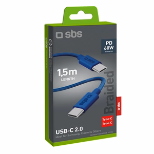 SBS TECABLETISSUETCCB USB-C - USB-C 1,5 m 60W pintas kabelis - mėlynas
