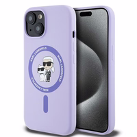 Karl Lagerfeld silikoninis Karl&Choupette galvų žiedas Magnetinis iPhone 15 dėklas - Violetinis