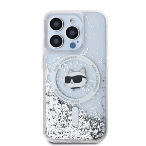 Karl Lagerfeld Skystas blizgutis Choupette Head Magnetinis dėklas telefonui iPhone 15 Pro – permatomas
