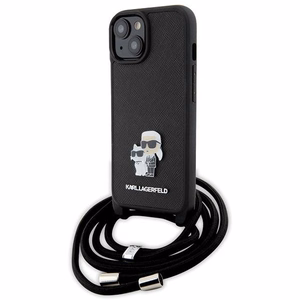 Karl Lagerfeld kryžminis Saffiano metalinis ženkliukas Karl & Choupette dėklas telefonui iPhone 15 Plus - juodas