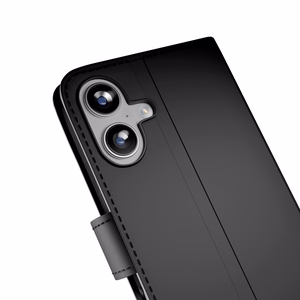 Puro dėklas telefonui su stovu iPhone 17 pagamintas iš ekologiškos odos, su atvartu, pinigine ir stovo funkcija - juodas