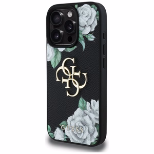 Guess Grained Roses Big 4G logo dėklas telefonui iPhone 16 Pro Max - juodas
