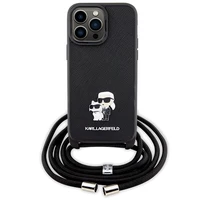 Karl Lagerfeld KLHCP14XSAKCPSK dėklas iPhone 14 Pro Max 6.7" kietas dėklas - juodas kryžminis Saffiano metalinis smeigtukas Karl&Choupette