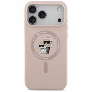 Karl Lagerfeld silikoninis Karl&Choupette žiedinis magnetinis dėklas telefonui iPhone 17 Pro Max - rožinis
