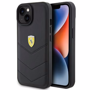 Ferrari dygsniuotas metalo logotipa dėklas iPhone 15 – juodas