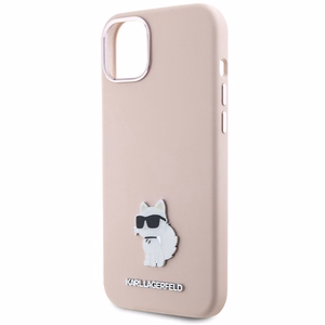 Karl Lagerfeld silikoninis Choupette Metal Pin dėklas telefonui iPhone 15 Plus / 14 Plus - rožinis