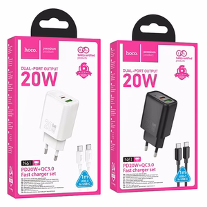Įkroviklis telefonui Hoco USB A + USB C QC3.0 PD 3A 20W + kabelis USB C į USB C N61 juodas