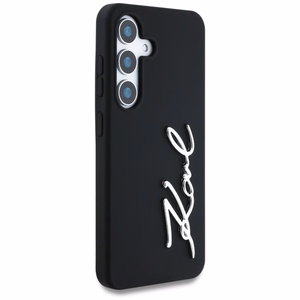 Karl Lagerfeld silikoninis metalinis parašo logotipas Samsung Galaxy S25 dėklas juodas