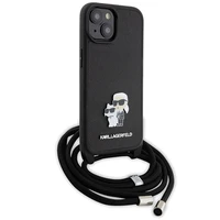 Karl Lagerfeld kryžminis Saffiano metalinis ženkliukas Karl & Choupette dėklas telefonui iPhone 15 Plus - juodas