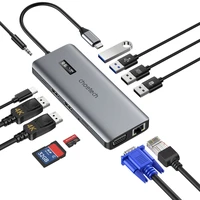 Choetech daugiafunkcis HUB su ekranu 12in1 USB-C į USB-C / USB-A / HDMI / VGA / AUX / SD / TF pilkas (HUB-M26)