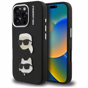 Karl Lagerfeld FW Grained Karl & Choupette Heads Pins dėklas, skirtas „iPhone 16 Pro Max“ – juodas