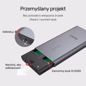 UNITEK S1206A SolidForce USB-C – PCIe/NVMe M.2 SSD, 10 Gbps, dviguba įdėkla su kopijos funkcija