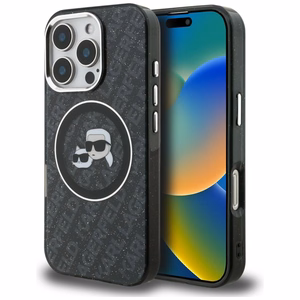 Karl Lagerfeld IML Glitter Karl & Choupette Heads Logo MagSafe Dėklas iPhone 16 Pro Max - juodas