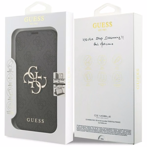Guess Book 4G Metal Logo atverčiamas dėklas, skirtas iPhone 18 Pro / 17 Pro, juodas