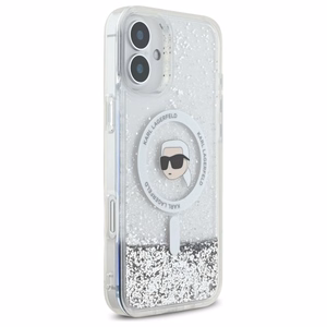 Karl Lagerfeld skystas blizgučių Karl galvos MagSafe dėklas iPhone 16 Plus - skaidrus
