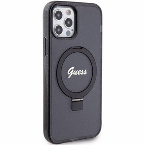 Guess Ring Stand Script Glitter Magnetinis dėklas telefonui iPhone 12/12 Pro - juodas