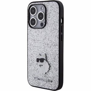 Karl Lagerfeld Fiksuotas blizgučių Choupette logotipas metalinis kaištis dėklas iPhone 15 Pro - sidabrinė