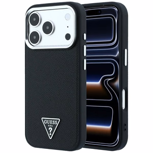 Guess Grained Triangle Logo MagSafe dėklas, skirtas iPhone 17 Pro Max / 18 Pro Max, juodas