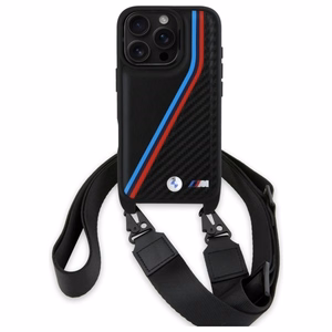 BMW M leidimas anglies trispalvės linijos ir dirželis dėklas iPhone 16 Pro - juodas