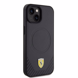 Ferrari FEHMP15SPTEK iPhone 15 6.1" juodas/juodas kietas dėklas Carbon Metal Logo MagSafe