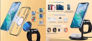 Belaidis įkroviklis CHOETECH, 15W, 3in1, magnetinis, juodas su stovu