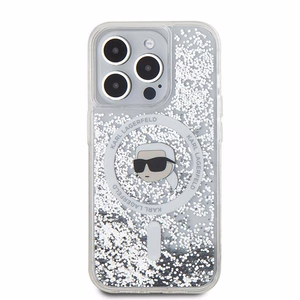 Karl Lagerfeld Skystas blizgutis Karl Head Magnetinis dėklas telefonui iPhone 15 Pro – permatomas