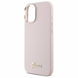 Guess Silikoninis Užrašas Metalinis Logo & Rėmelis iPhone 16 Plus Dėklas - rožinis