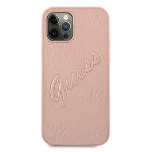 Guess GUHCP12LRSAVSRG iPhone 12 Pro Max 6.7 rožinis kietasis dėklas Saffiano Vintage Script