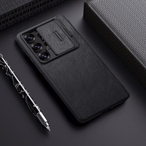Nillkin Qin Pro dėklas telefonui Samsung Galaxy S25 Ultra su atvartu ir kameros dangteliu - Juodas