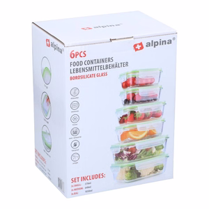 Alpina stiklinių maisto indų su dangčiais rinkinys, 370 / 640 / 1050 ml, 6 vnt.