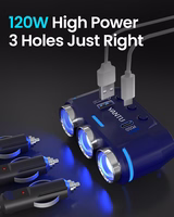 Automobilio cigarečių degiklio lizdo daliklis B39-C - 3 lizdai + USB + Type C - QC 3.0 PD 3A 120W su ekranu ir laidu