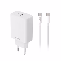 "Maxlife MXTC-10-20C PD QC įkroviklis 1x USB-C 20W baltos spalvos + USB-C - USB-C kabelis 20W