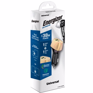 Energizer Ultimate D38BG car charger, USB-C + USB-A, 38 W PD + QC 3.0, gold and black