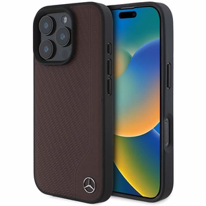 Mercedes MB MagSafe dėklas iPhone 16 Pro iš odos, imitacijos medžio - Raudonas