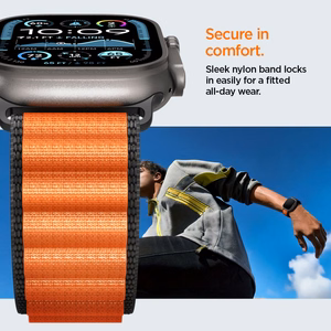 SPIGEN WBF1 dirželis APPLE WATCH 6 / 7 / 8 / 9 / 10 / SE / ULTRA 1 / 2 (44 / 45 / 46 / 49 MM) juodas/oranžinis