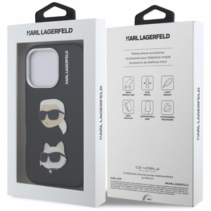 Karl Lagerfeld FW Grained Karl & Choupette Heads Pins dėklas, skirtas „iPhone 16 Pro Max“ – juodas