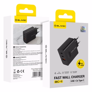 Blavec sieninis įkroviklis BC-11 GaN - USB + 2xType C - QC PD 65W 3A (TCBC11G-U2CB653A) juodas