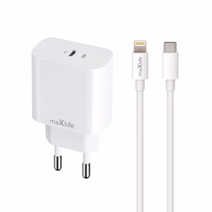 "Maxlife MXTC-06-20C PD QC įkroviklis 1x USB-C 20W baltos spalvos + USB-C - Lightning kabelis 20W