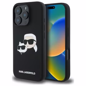 Karl Lagerfeld silikoninis Magnetinis dėklas telefonui iPhone 16 Pro su galvų atvaizdais - juodas