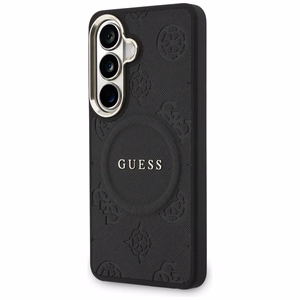 Guess Saffiano Peony Embossed Ring MagSafe dėklas Samsung Galaxy S26+ juodas